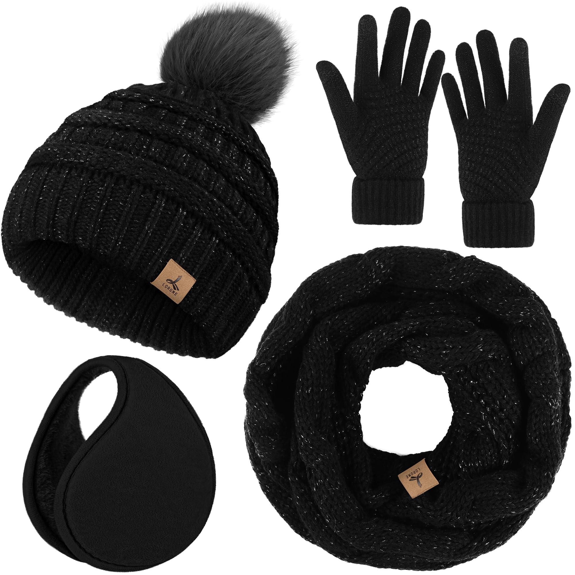 Winter Hat Scarf Gloves and Ear Warmer, Warm Knit Beanie Hat Touch Screen Gloves Set Winter Gifts Neck Scarves for Women